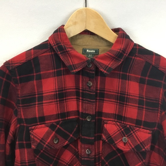 Roots Canada Buffalo Check Plaid Lumberjack Flannel Shirt Elbow Patches Size S - Picture 6 of 13